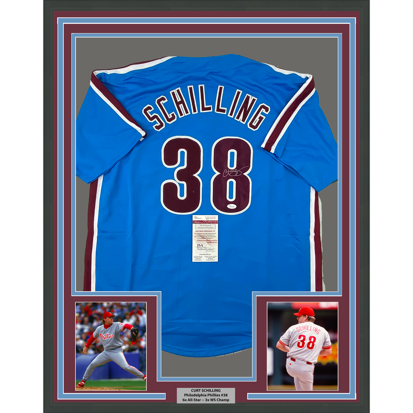 Framed Autographed/Signed Curt Schilling 35x39 Philadelphia Retro Blue Baseball Jersey JSA COA