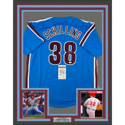 Framed Autographed/Signed Curt Schilling 35x39 Philadelphia Retro Blue Baseball Jersey JSA COA