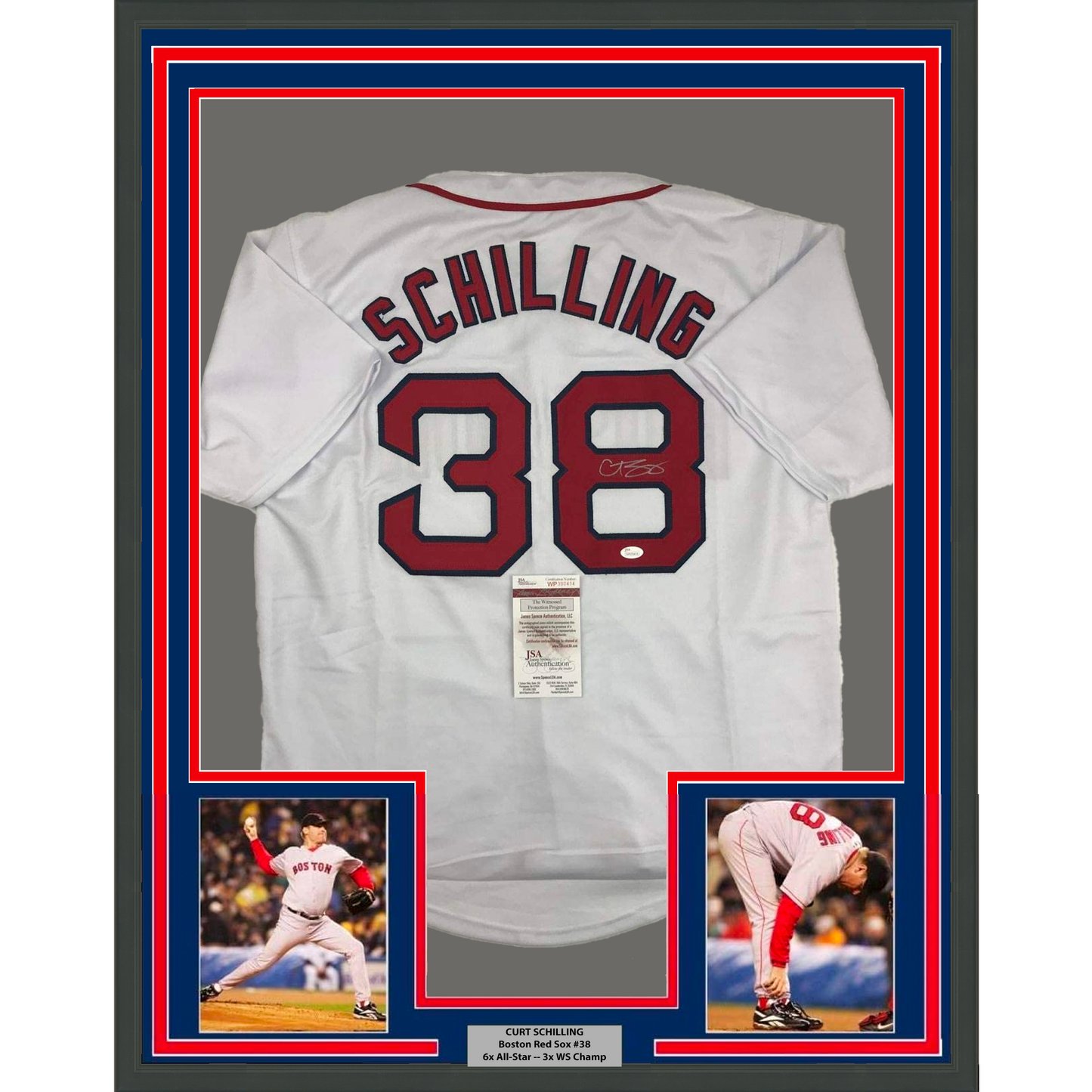 Framed Autographed/Signed Curt Schilling 35x39 Boston White Baseball Jersey JSA COA