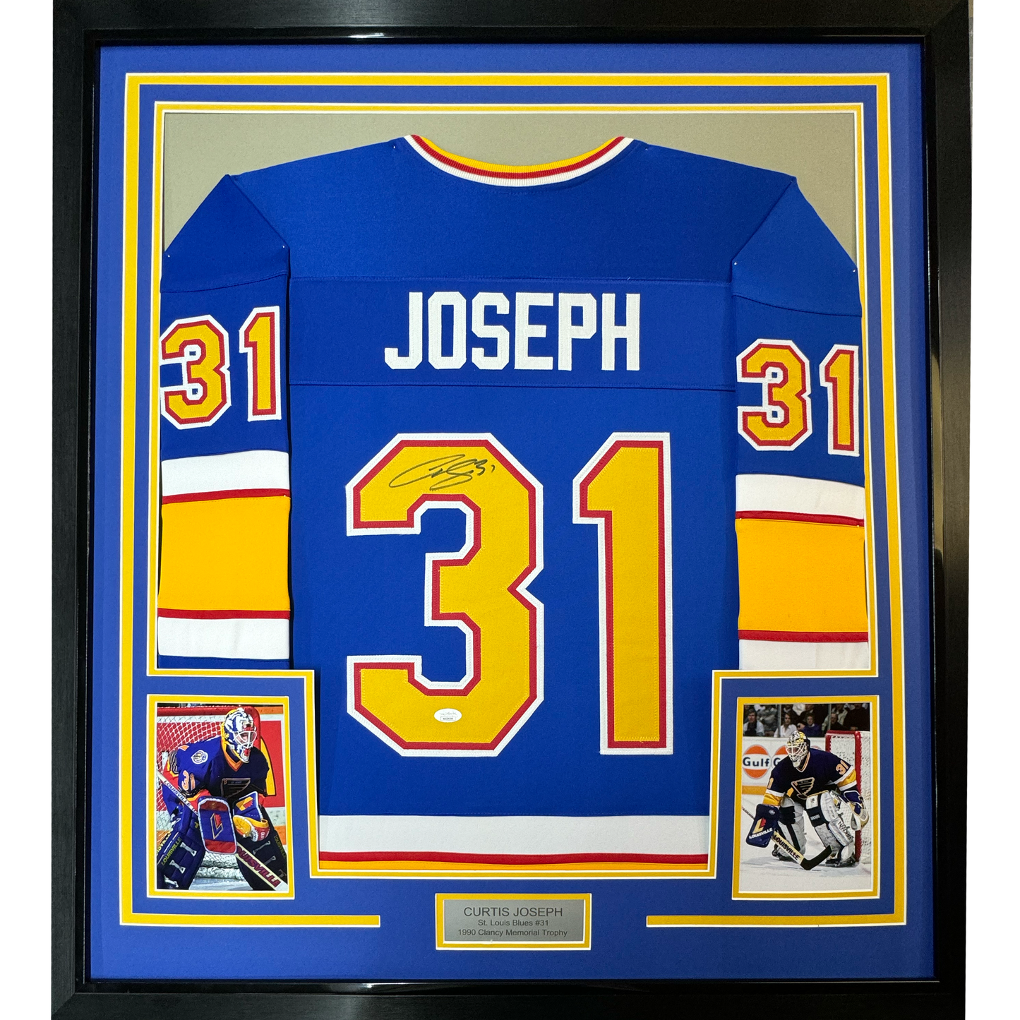 Framed Autographed/Signed Curtis Joseph 35x39 St. Louis Blue Hockey Jersey JSA COA