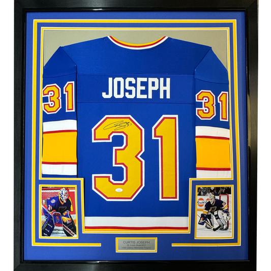 Framed Autographed/Signed Curtis Joseph 35x39 St. Louis Blue Hockey Jersey JSA COA