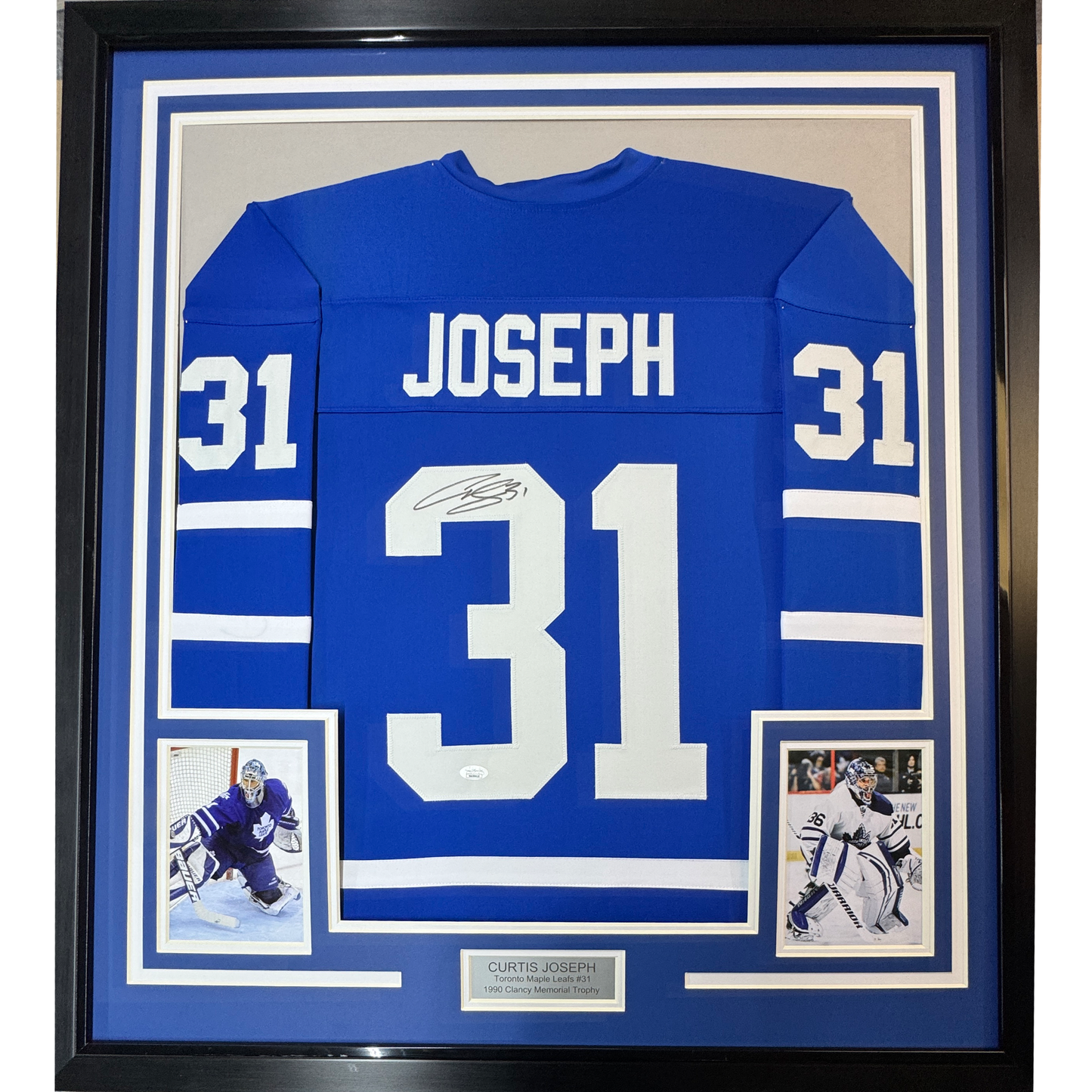 Framed Autographed/Signed Curtis Joseph 35x39 Toronto Blue Hockey Jersey JSA COA