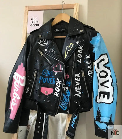 Custom Text Jacket Painted Faux Leather Motorcycle Jacket Danger