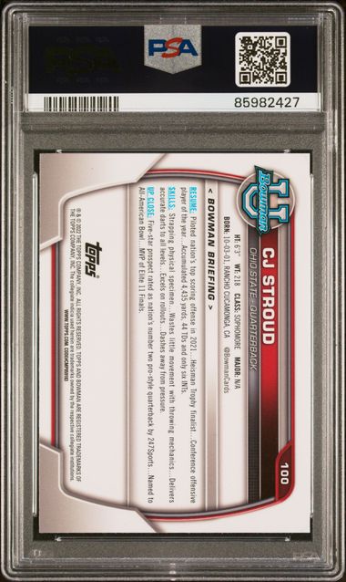 Graded 2022 Bowman University CJ Stroud #100 Chrome Prospects Rookie RC Football Card PSA 10 Gem Mint