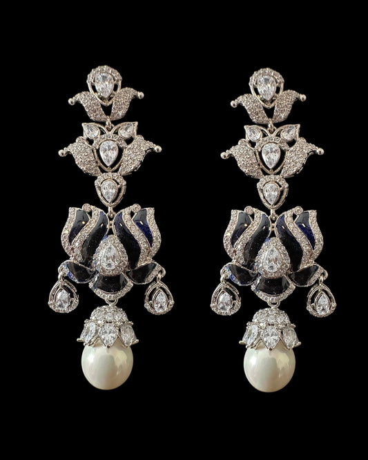 DER810 Lotus Cz earrings -Blue  ( READY TO SHIP )