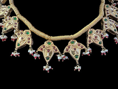 DNS169 Kali necklace jhumka earrings set in gold plating - Ruby emerald combination ( READY TO SHIP )