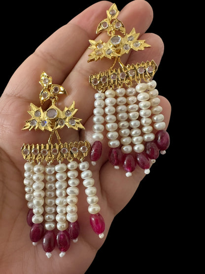 DER804 Grape earrings in fresh water pearls and ruby beads ( READY TO SHIP )