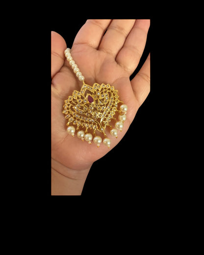 DJTK358 Hiba Gold-Plated Polki Tikka with Ruby & Shell Pearls  ( READY TO SHIP )