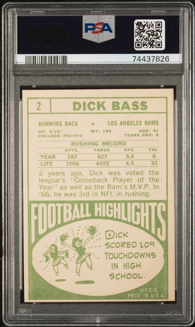 Graded 1968 Topps Dick Bass #2 Football Card PSA 7 Near Mint