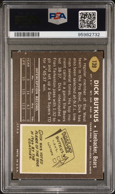 Graded 1969 Topps Dick Butkus #139 Football Card PSA 7 Near Mint