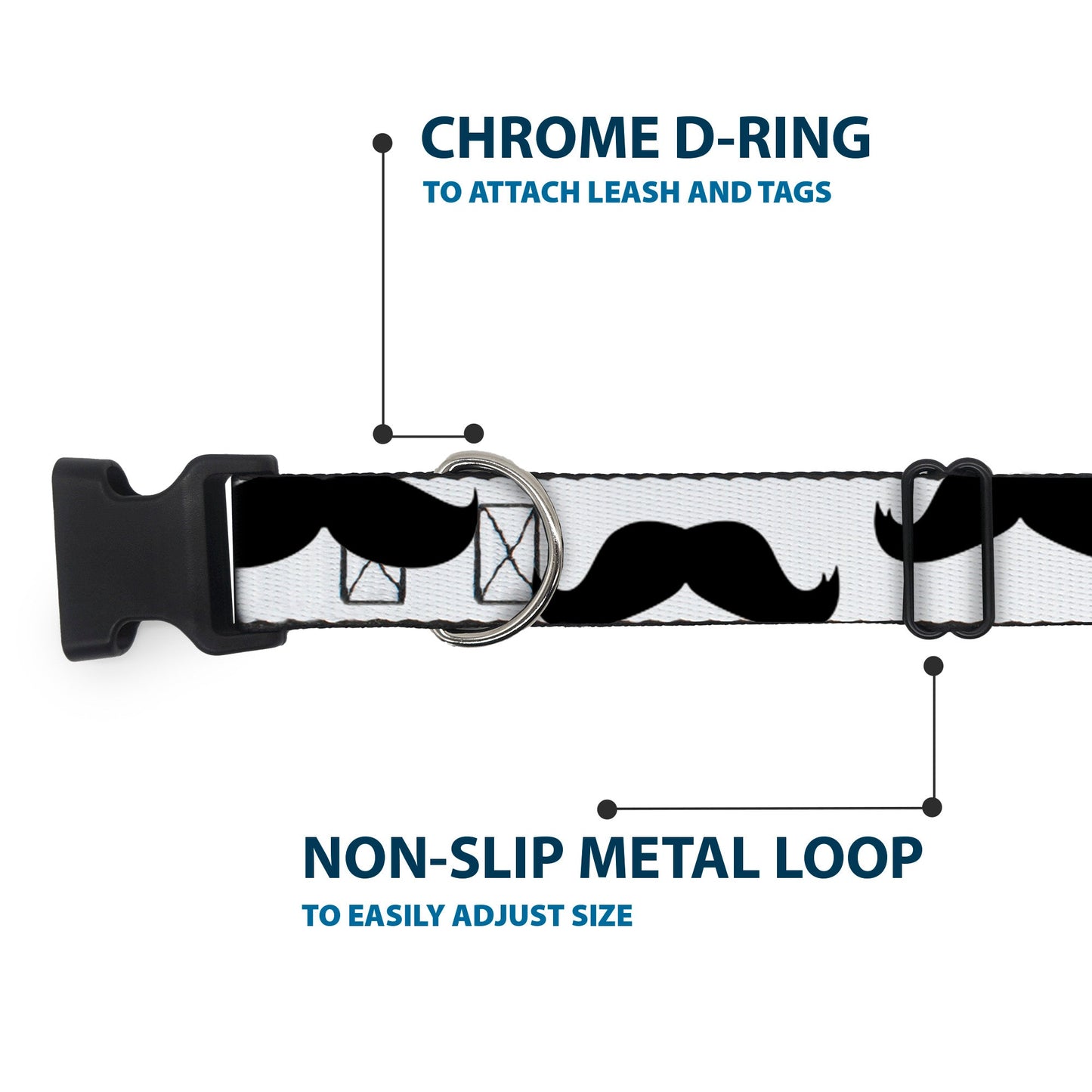 Plastic Clip Collar - Mustaches White/Black