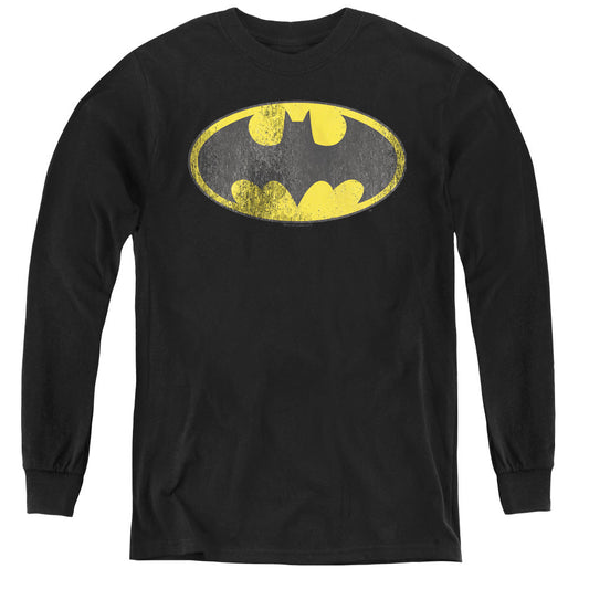 DC Comics Retro Bat Logo Distressed Long Sleeve Kids Youth T Shirt Black Officially Licensed