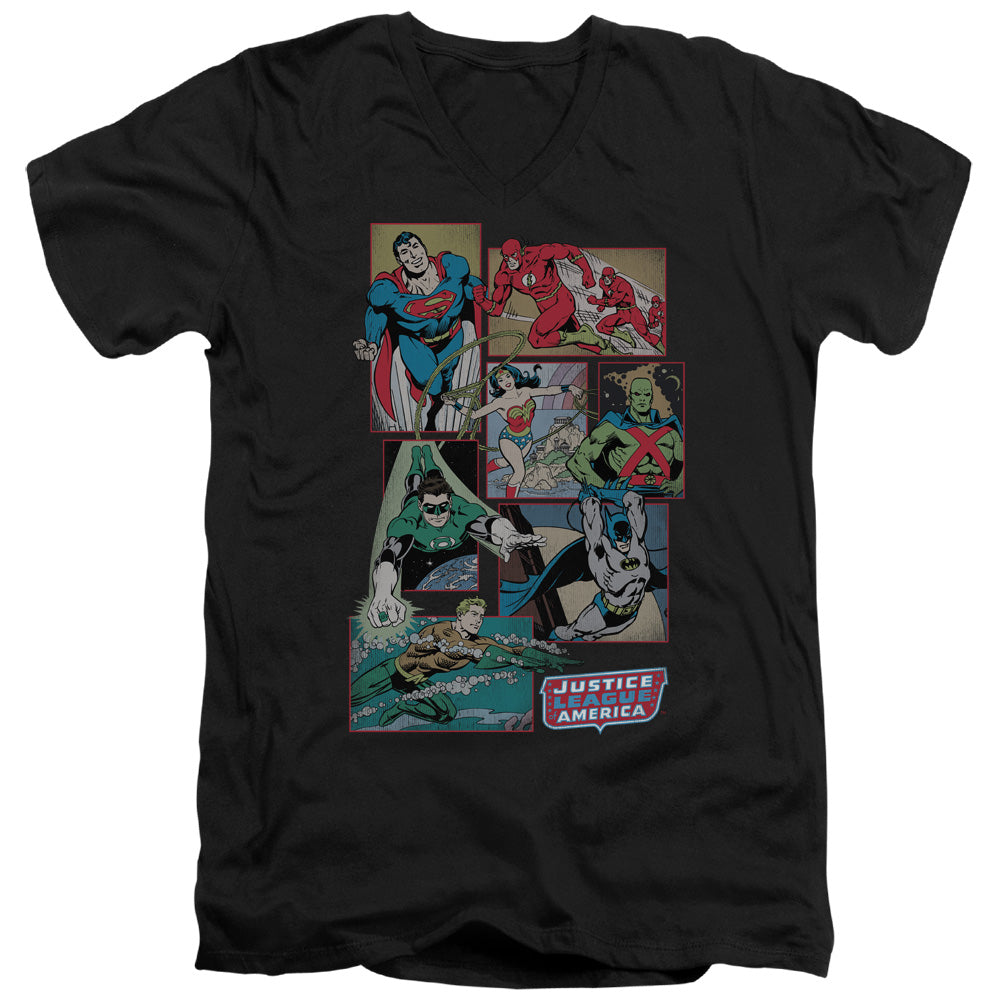 DC Comics Justice League Boxes Mens Slim Fit V Neck T Shirt Black Officially Licensed