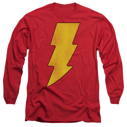 Dc Shazam Logo Distressed Mens Long Sleeve Shirt Red Officially Licensed