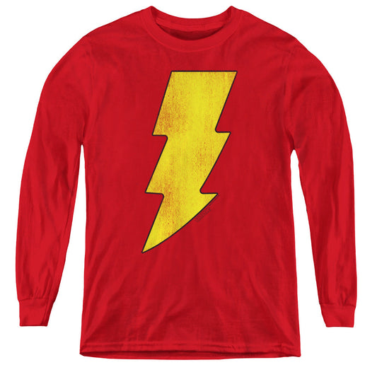 DC Comics Shazam Logo Distressed Long Sleeve Kids Youth T Shirt Red Officially Licensed
