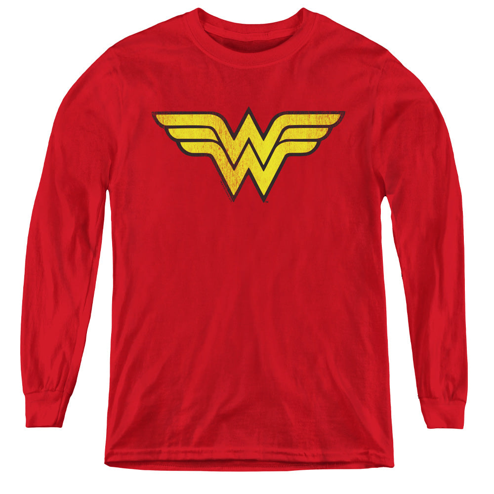DC Comics Wonder Woman Logo Dist Long Sleeve Kids Youth T Shirt Red Officially Licensed