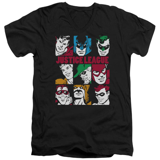 DC Comics Nine Blocks of Justice Mens Slim Fit V Neck T Shirt Black Officially Licensed