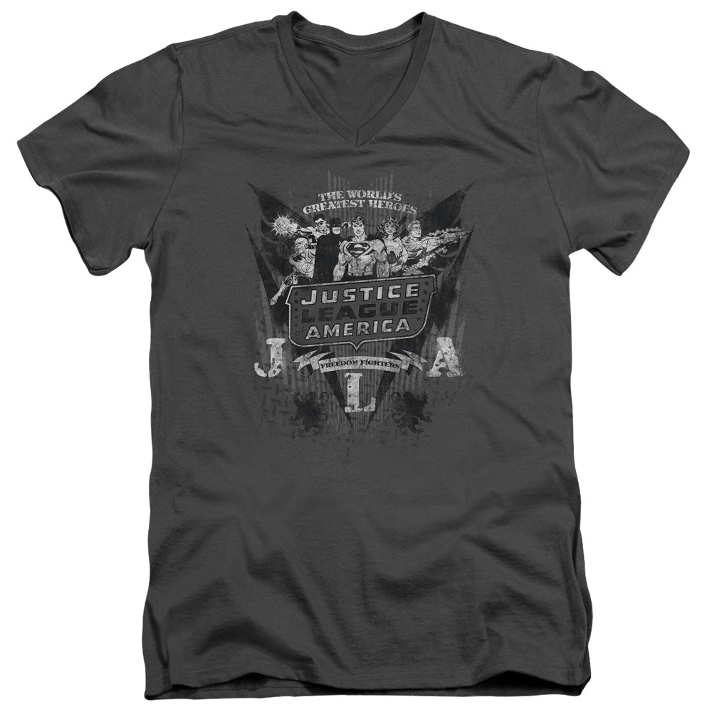 DC Comics Greatest Heroes Mens Slim Fit V Neck T Shirt Charcoal Officially Licensed