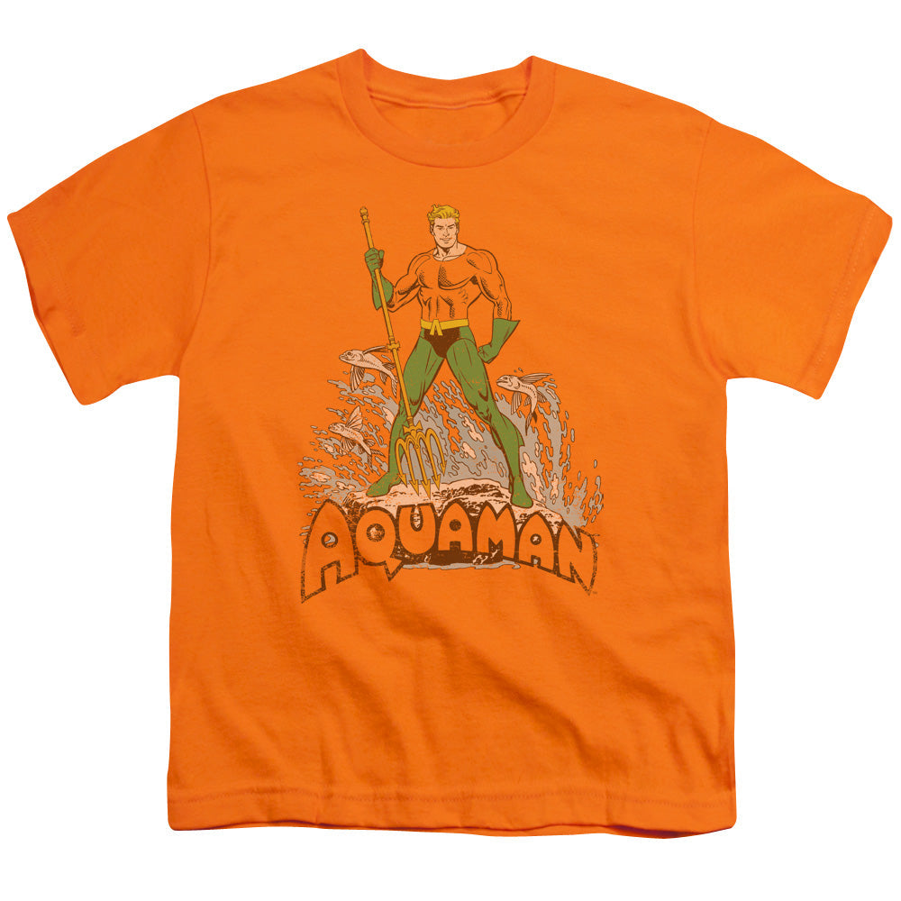 DC Comics Aquaman Distressed Kids Youth T Shirt Orange Officially Licensed
