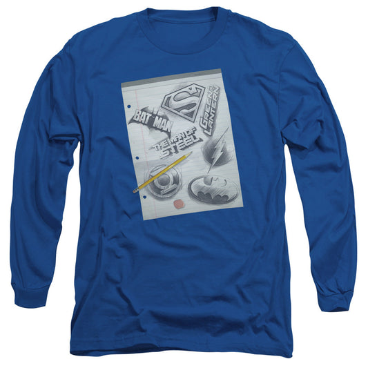 DC Comics Logo Note Paper Mens Long Sleeve Shirt Royal Blue Officially Licensed