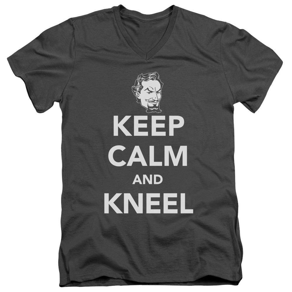 DC Comics Keep Calm and Kneel Mens Slim Fit V Neck T Shirt Charcoal Officially Licensed