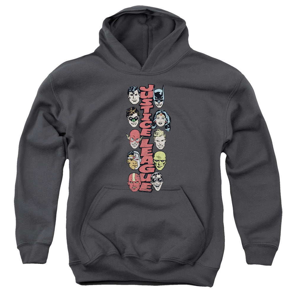 DC Comics Stacked Justice Kids Youth Hoodie Charcoal Officially Licensed