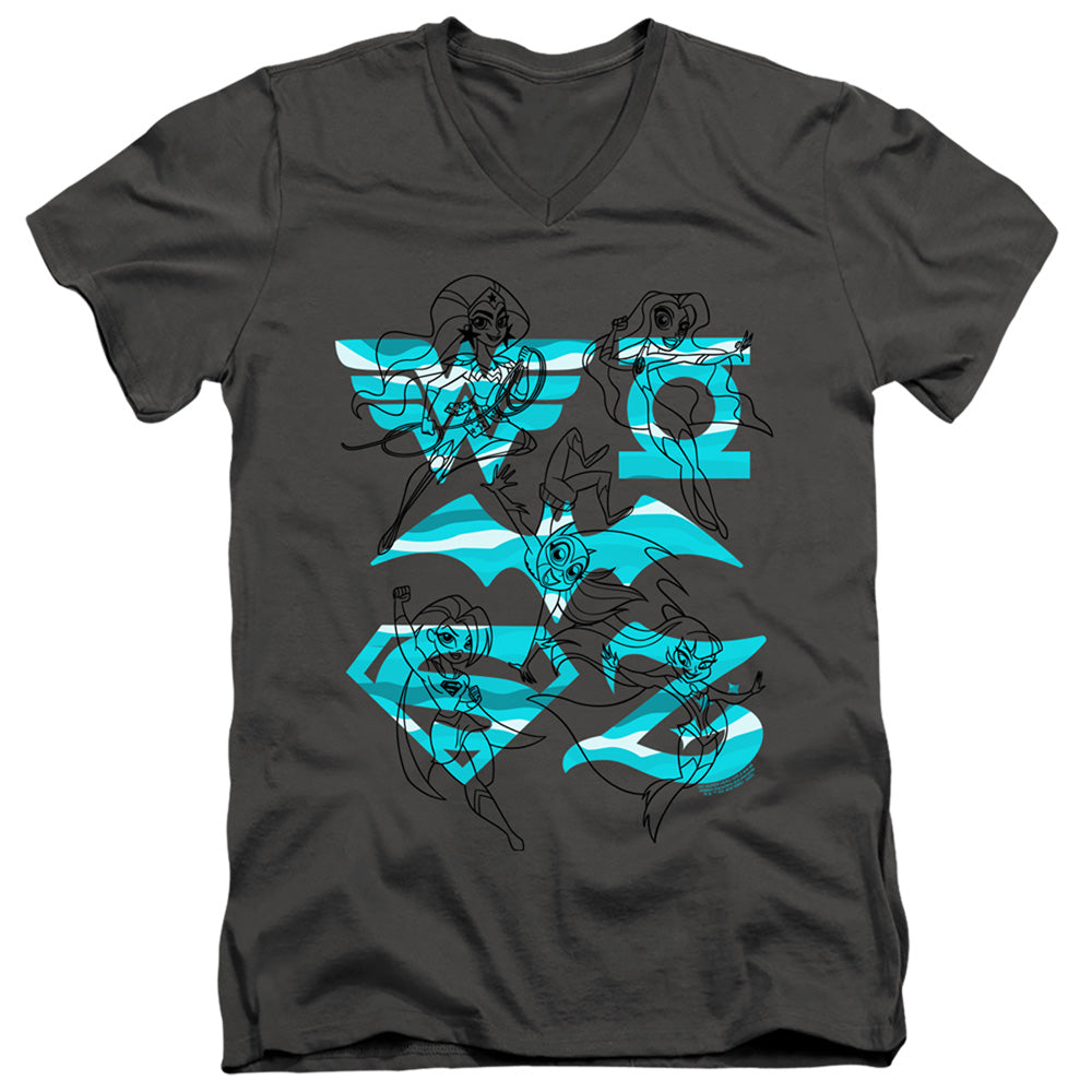 Dc Superhero Girls Line Art Group Mens Slim Fit V Neck T Shirt Charcoal Officially Licensed