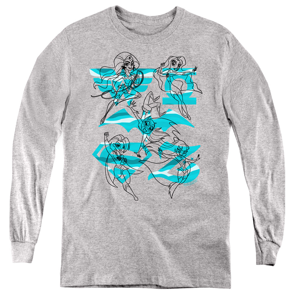 Dc Superhero Girls Line Art Group Long Sleeve Kids Youth T Shirt Athletic Heather Officially Licensed