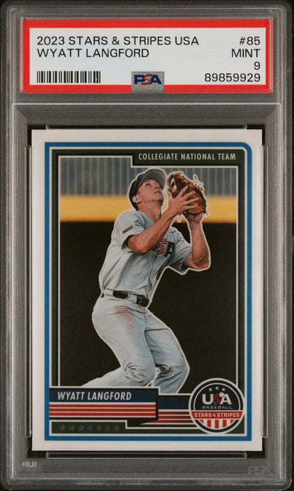 Graded 2023 Panini Stars & Stripes USA Wyatt Langford #85 Rookie RC Baseball Card PSA 9 Gem Mint