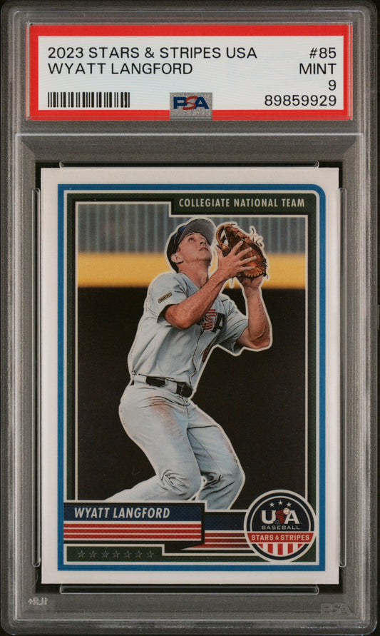 Graded 2023 Panini Stars & Stripes USA Wyatt Langford #85 Rookie RC Baseball Card PSA 9 Gem Mint