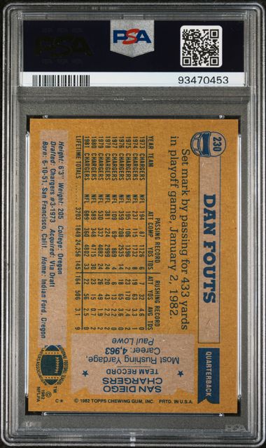 Graded 1982 Topps Dan Fouts #230 Football Card PSA 4 VG-EX