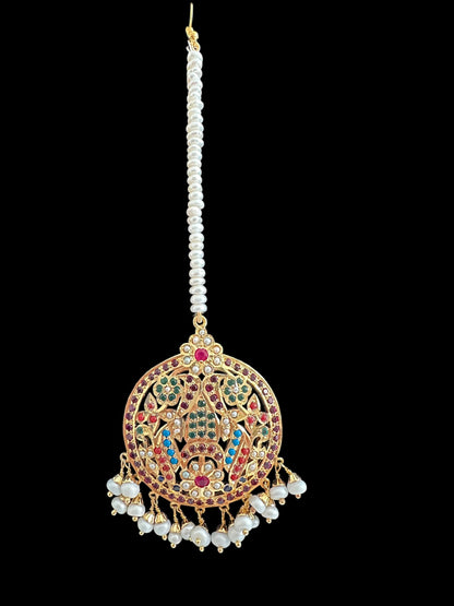 Navratan tika in silver with fresh water pearls - gold plated ( READY TO SHIP )