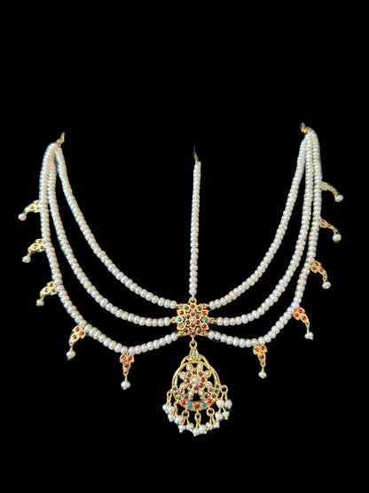 Navratan gold plated silver mathapatti in fresh water pearls ( READY TO SHIP )
