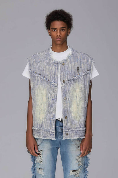Distressed Denim Vest - Washed Rivet & Frayed Hem Design
