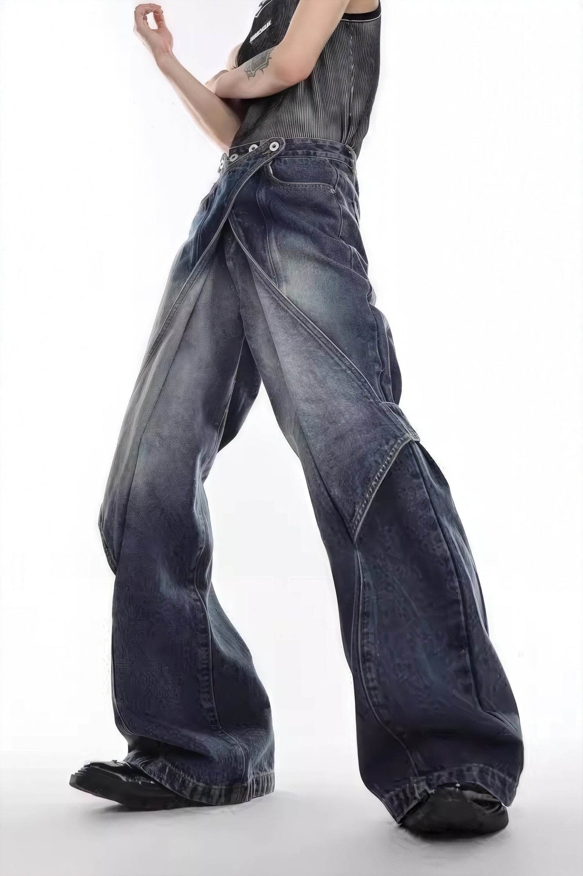 Distressed Denim Patchwork Jeans - Convertible Flare Design