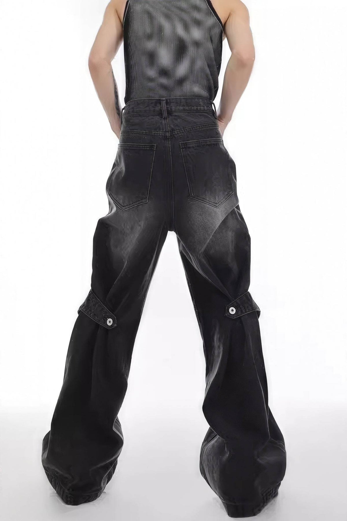 Distressed Denim Patchwork Jeans - Convertible Flare Design
