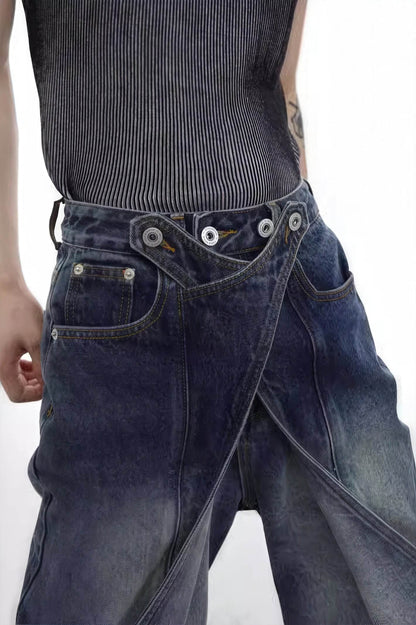 Distressed Denim Patchwork Jeans - Convertible Flare Design
