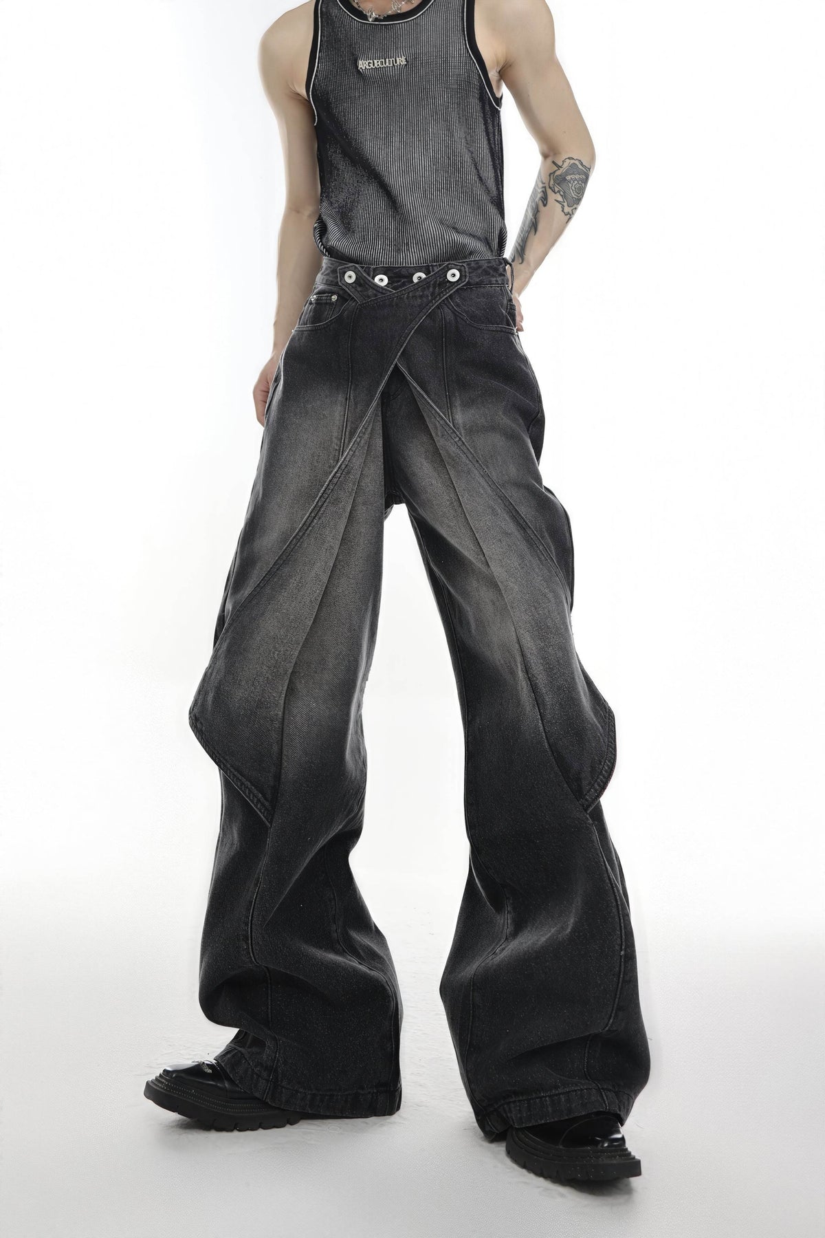 Distressed Denim Patchwork Jeans - Convertible Flare Design