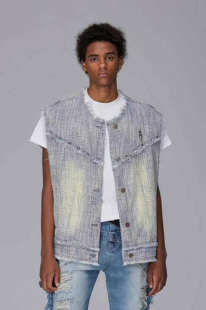 Distressed Denim Vest - Washed Rivet & Frayed Hem Design