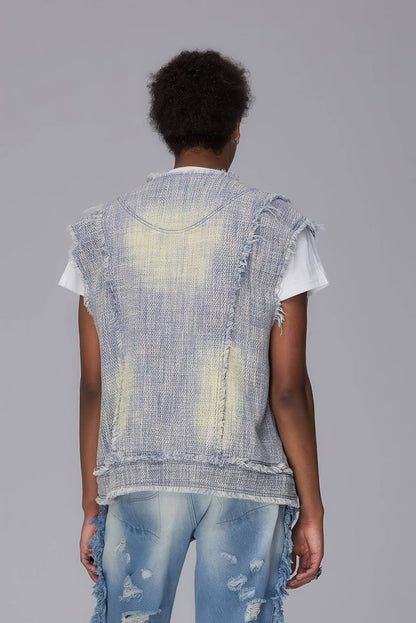 Distressed Denim Vest - Washed Rivet & Frayed Hem Design