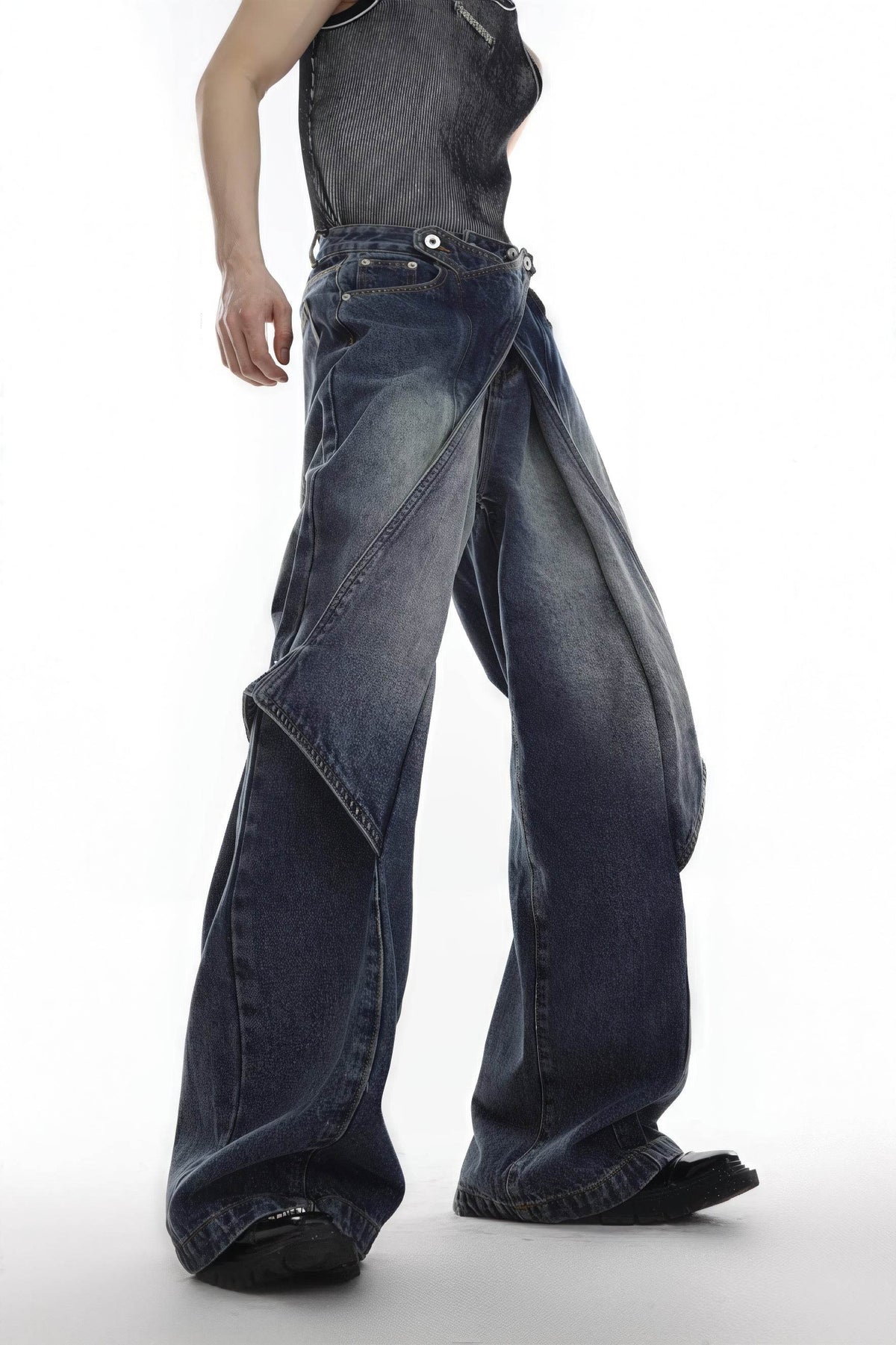 Distressed Denim Patchwork Jeans - Convertible Flare Design