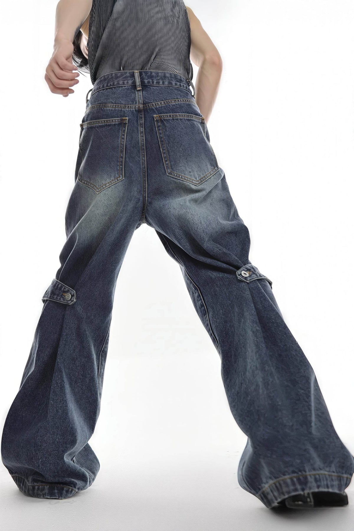 Distressed Denim Patchwork Jeans - Convertible Flare Design