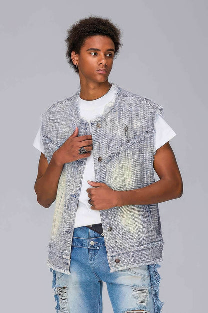 Distressed Denim Vest - Washed Rivet & Frayed Hem Design