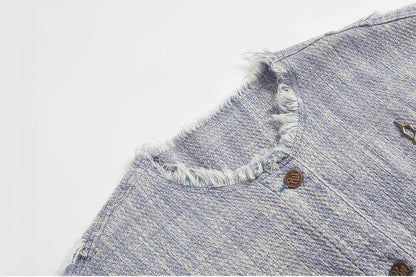 Distressed Denim Vest - Washed Rivet & Frayed Hem Design