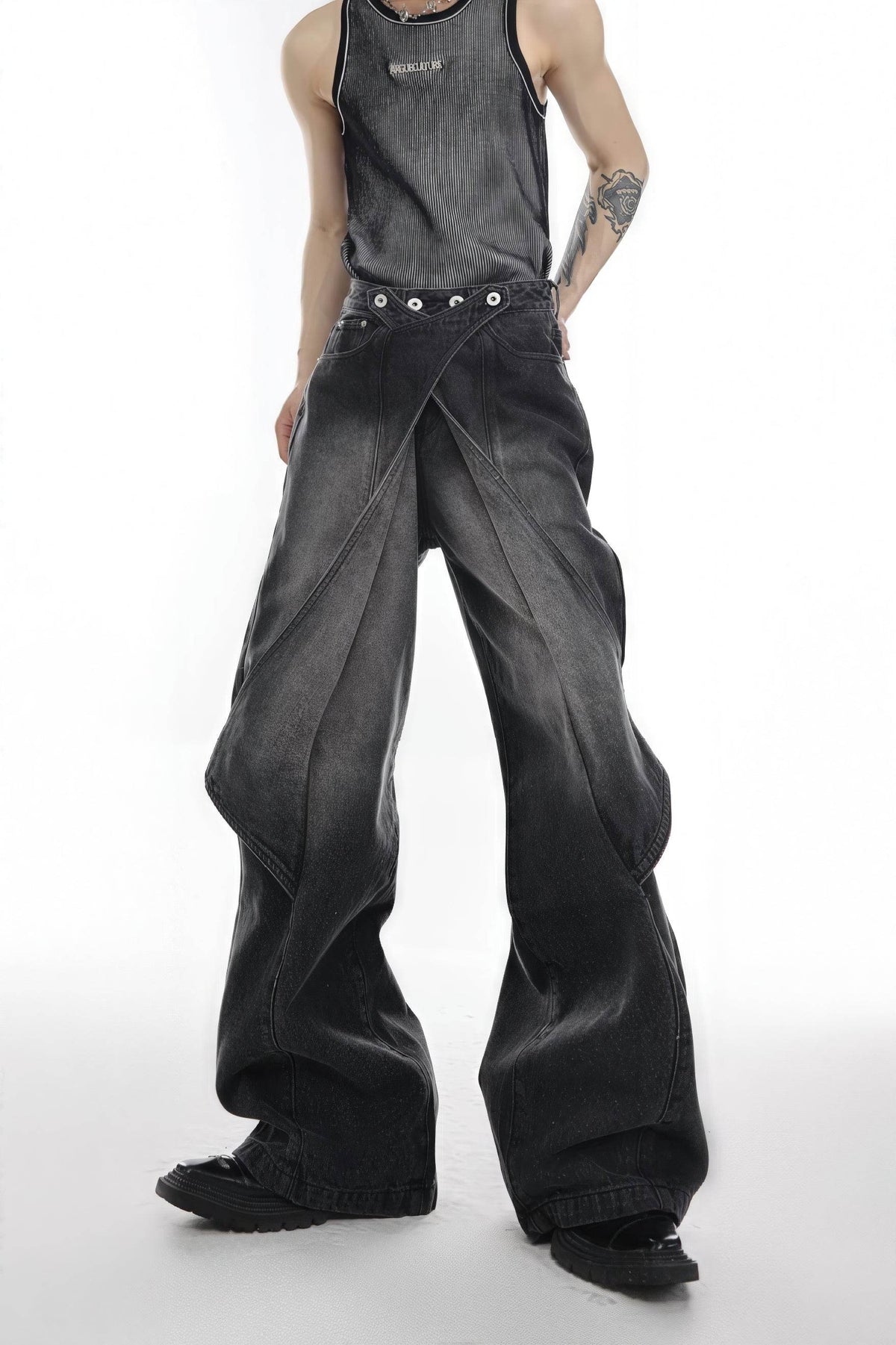 Distressed Denim Patchwork Jeans - Convertible Flare Design