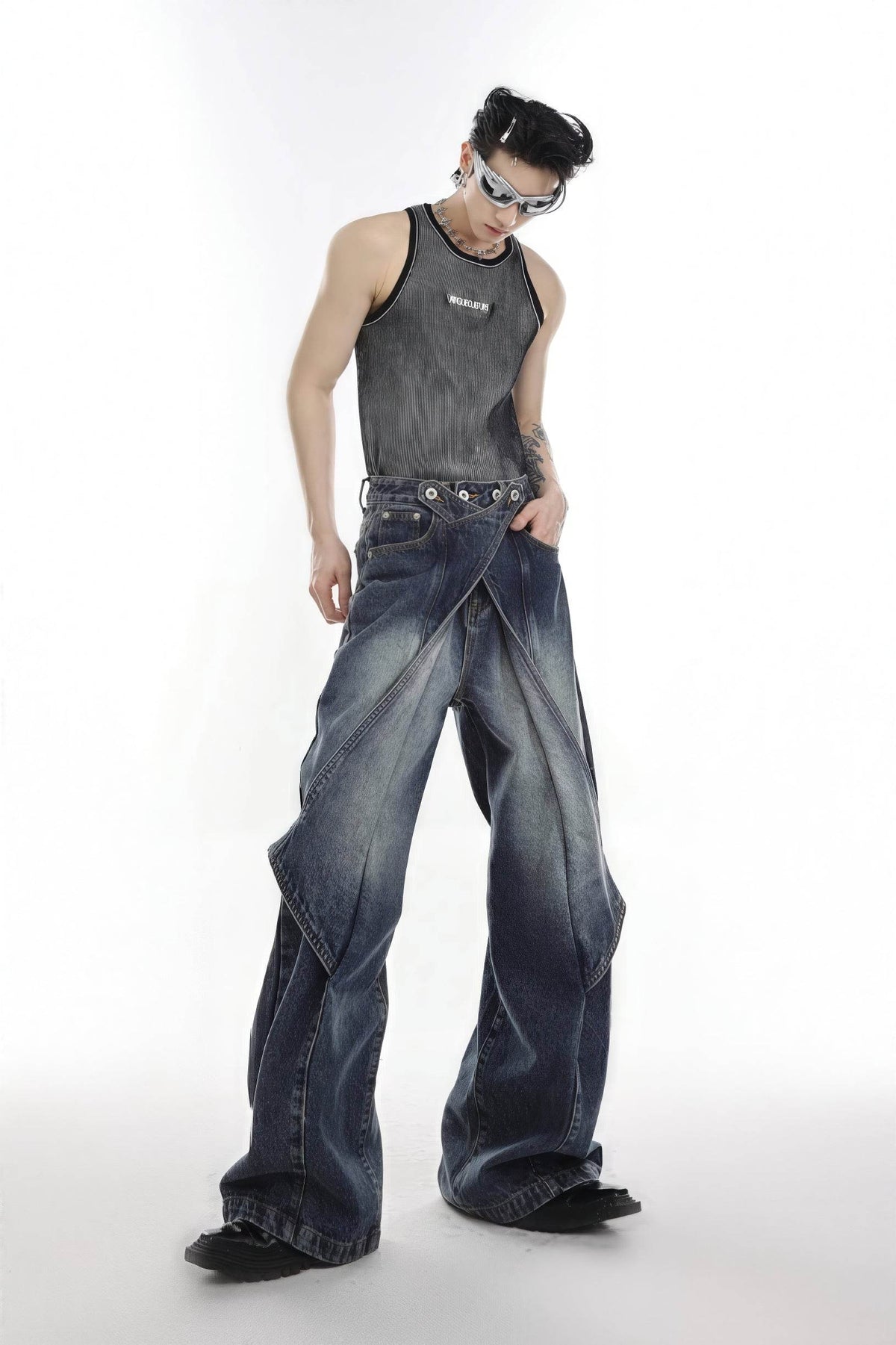Distressed Denim Patchwork Jeans - Convertible Flare Design
