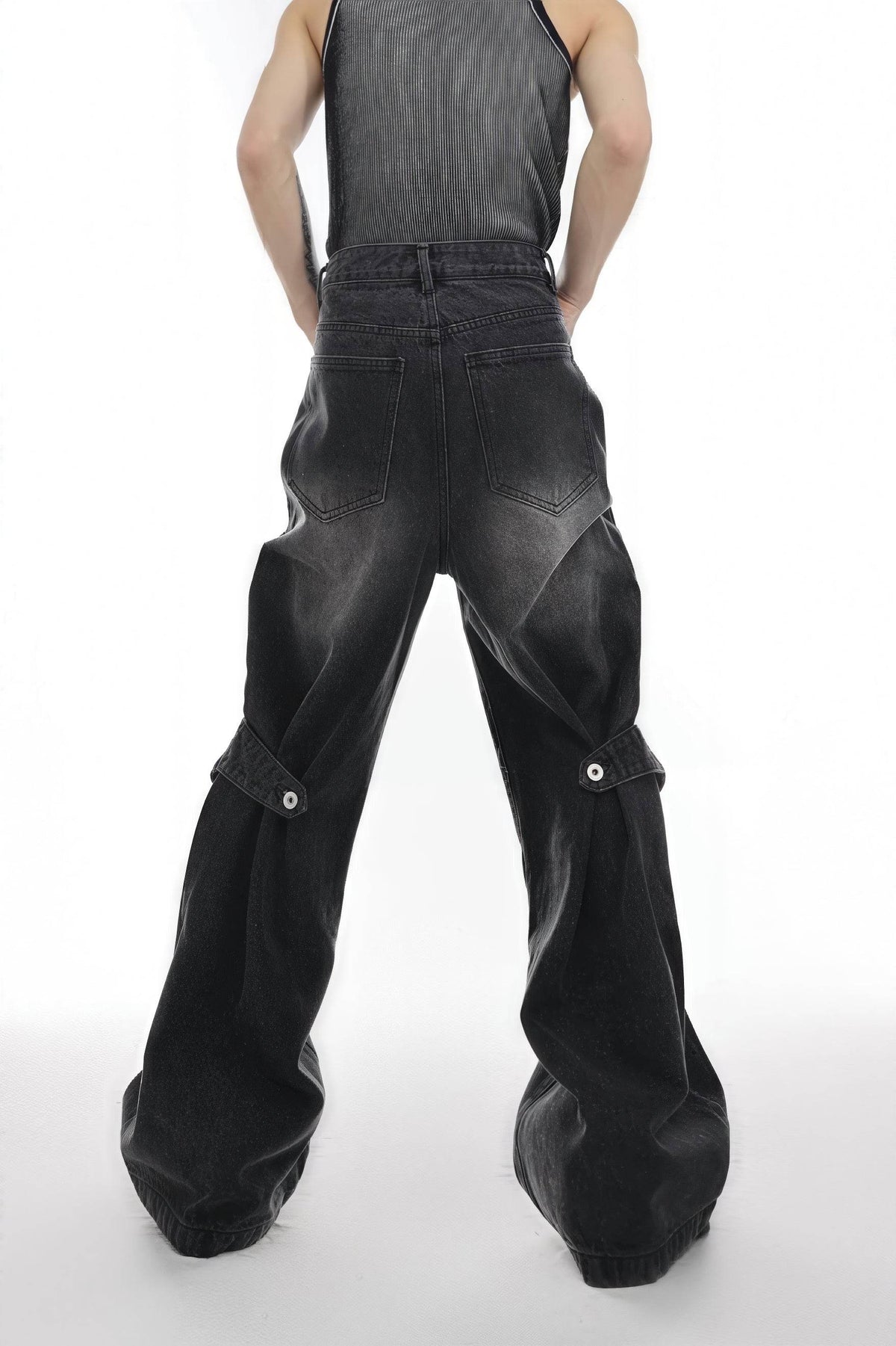 Distressed Denim Patchwork Jeans - Convertible Flare Design