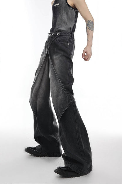 Distressed Denim Patchwork Jeans - Convertible Flare Design
