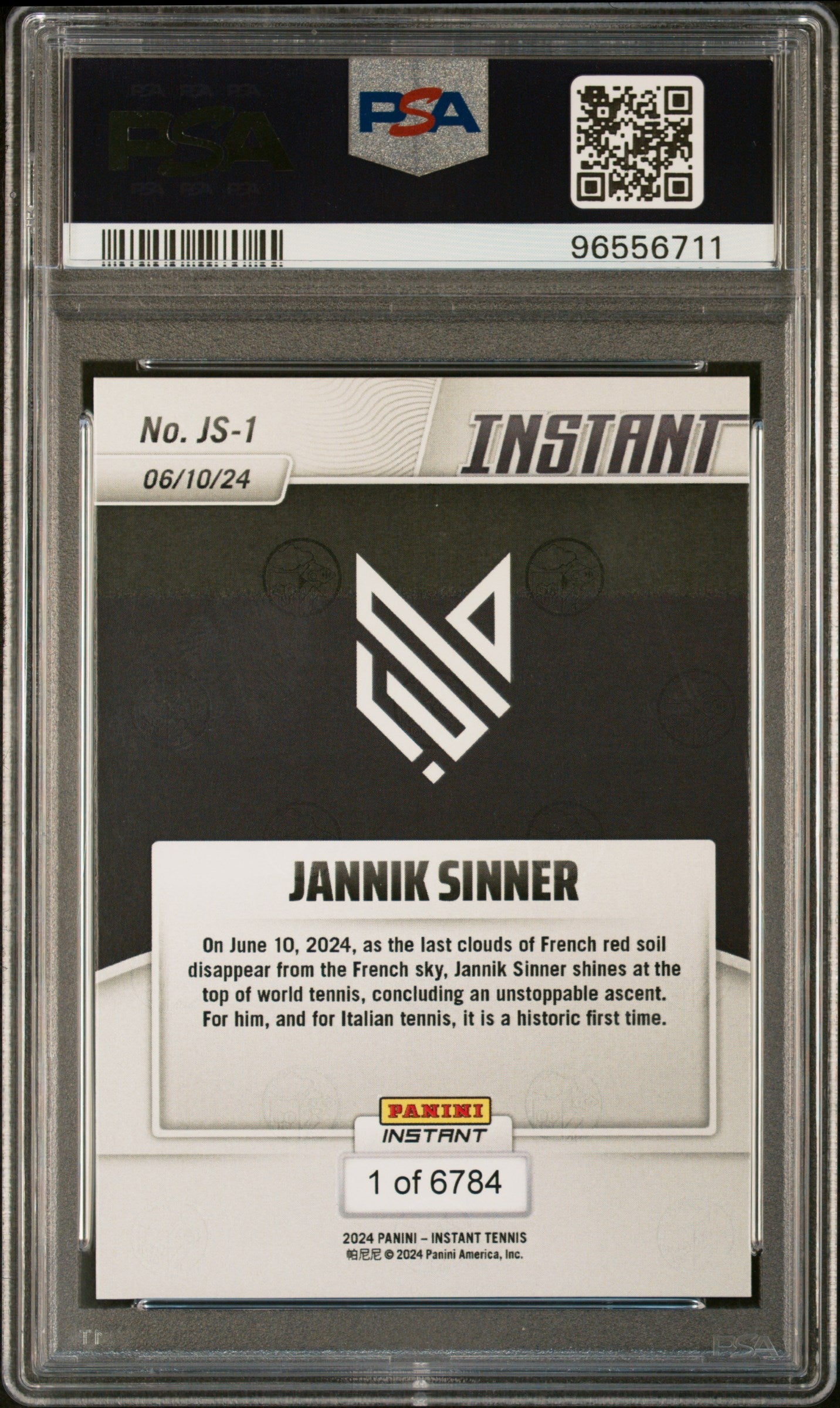 Graded 2024 Panini Instant Jannik Sinner #JS1 New World #1 Rookie RC Tennis Card PSA 9 Mint