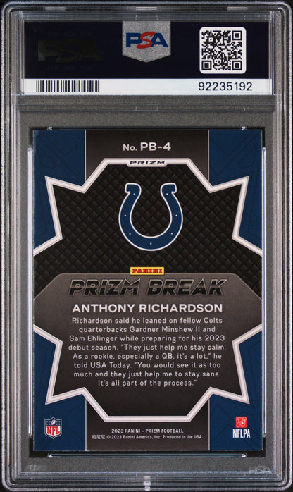 Graded 2023 Panini Prizm Anthony Richardson #PB4 Prizm Break Green Rookie RC Football Card PSA 10 Gem Mint